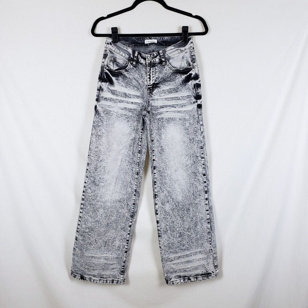 Fire & Rain Y2K Grunge Acid Wash Jeans Juniors 7 Gray Wide Leg Midrise